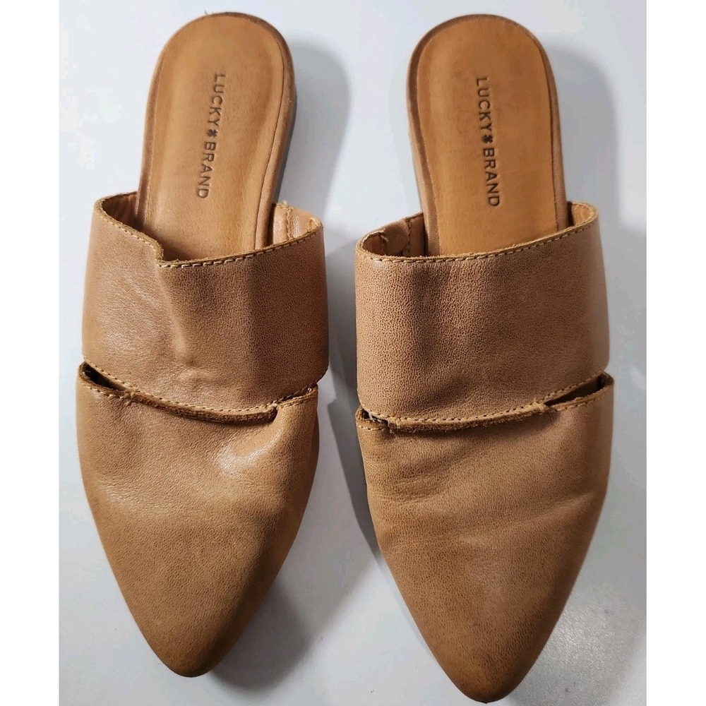 Lucky Brand Bestru Tan Leather Pointed Toe Cutout Mules Flats Size 7M